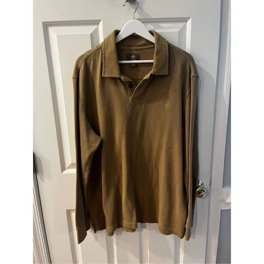 Timberland Men’s Olive Tan Ling Sleeve Super Soft Polo Shirt sz XL EUC